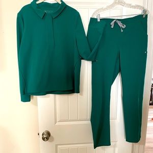 Scrubs $30 each. Set $50. Skinny Yolo pants/ medium. Long sleeved top Large